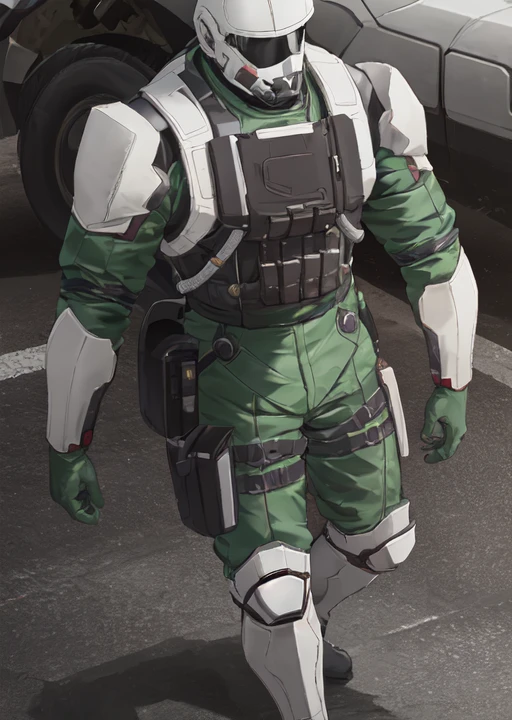 masterpiece, best quality, highly detailed,dark, holding, man, medheld, suit, white, with, full body,a man in a white helmet and green suit, <lora:MEDHEL-07:0.8>