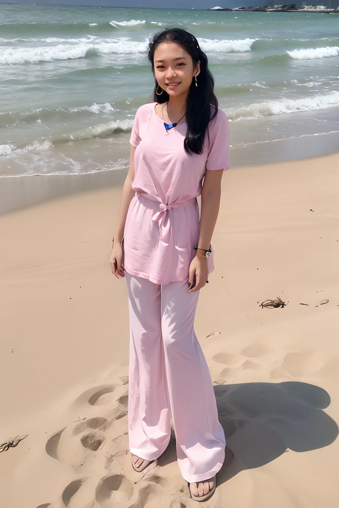 ((masterpiece)), ((best quality)), ((detailed)), ((realistic)), ((nikon RAW photo, 8K, Fujifilm XT3, HDR10+, high-res, depth of field, huge filesize, low-angle shot)), (1girl, solo, standing straight, arms at side, spreading arms), ((((full body:1.5), small breast:1.4, slender body:1.3, body height 163 cm, body weight 48 Kg, realistic body, 21 years old, 34D Cup))), (photorealistic:1.4), photorealism, photography, hyperrealistic, hyperdetailed, lots of details, extremely amazing finely detail, shoot by professional, professional photography, studio lighting, professional tuned lighting, outdoor, beach, sea wave background, perfection, best of the best, professional model, photo model, tuned by professional, flirty, naughty, cute, extremely delicate beautiful, a dashing collected professional beauty woman, Woman, Girl, neat, polite, nathania, long hair, hair parted at the back, pink t-shirt, pink pants, photo on the beach, pink sandals, bright smile, casual pose, beautiful pose, clean clothes, proportional, untucked, looking at camera, gold necklace, gold small earrings, beautiful smile, beautiful face, beautiful body, perfect body, young adult, indonesian, Indonesia, SFW, <lora:Javanese_Girl_V6:0.8>
