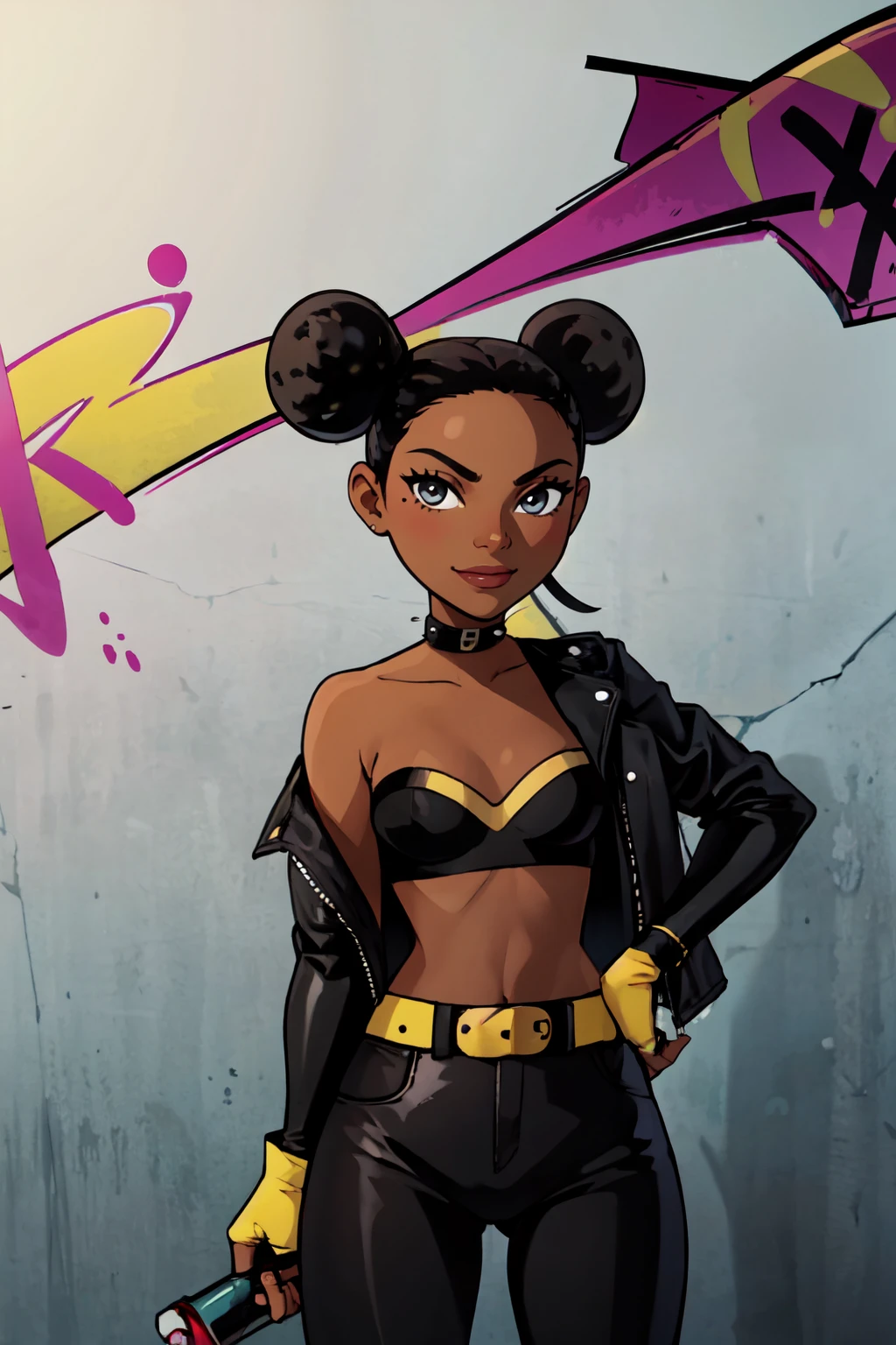 ((masterpiece,best quality)), absurdres, <lora:Bumblebee_DC:0.8>,  1girl, black_hair, dark_skin, hair_bun, dark-skinned_female, double_bun,  smile, looking at viewer,    leather jacket, leather pants, strapless bra, black jacket, tight pants, black choker, zipper, fingerless gloves, biker clothes, spikes, unzipped, multiple belts, shiny clothes, high collar, (graffiti:1.2), brick wall, cowboy shot,