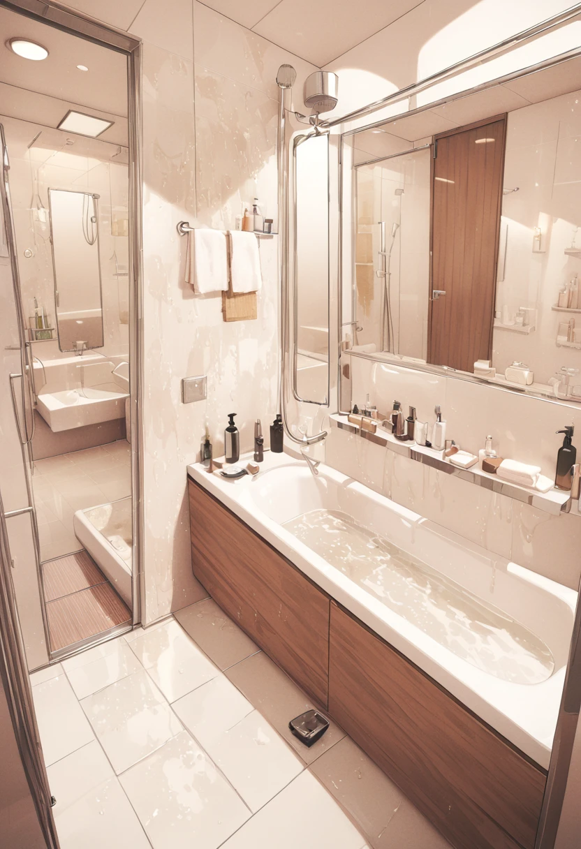 masterpiece, best quality, ultra-detailed, illustration,
JMF, scenery, mirror, bathroom, faucet, indoors, bathtub, soap bottle, reflection, towel, tiles, shower (place), window, tile wall, shower head, bottle, lamp, water,
<lora:JMF_SDXL_V1:0.8>