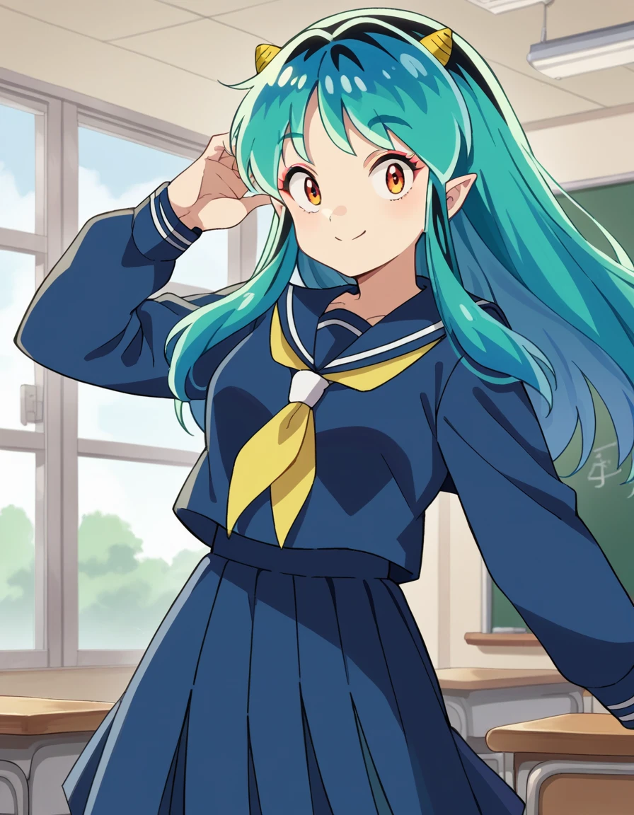 score_9, score_8_up, score_7_up, source_anime,
uruseiyatsuralum, <lora:lum-ponyxl-lora-nochekaiser:1>,
lum, long hair, bangs, blue hair, orange eyes, horns, pointy ears, aqua hair, oni horns, eyeshadow,
shirt, long sleeves, school uniform, serafuku, sailor collar, neckerchief, yellow neckerchief, shirt, blue shirt, blue sailor collar, blue skirt,
indoors, classroom, flying, smile,
looking at viewer, cowboy shot, dutch angle,