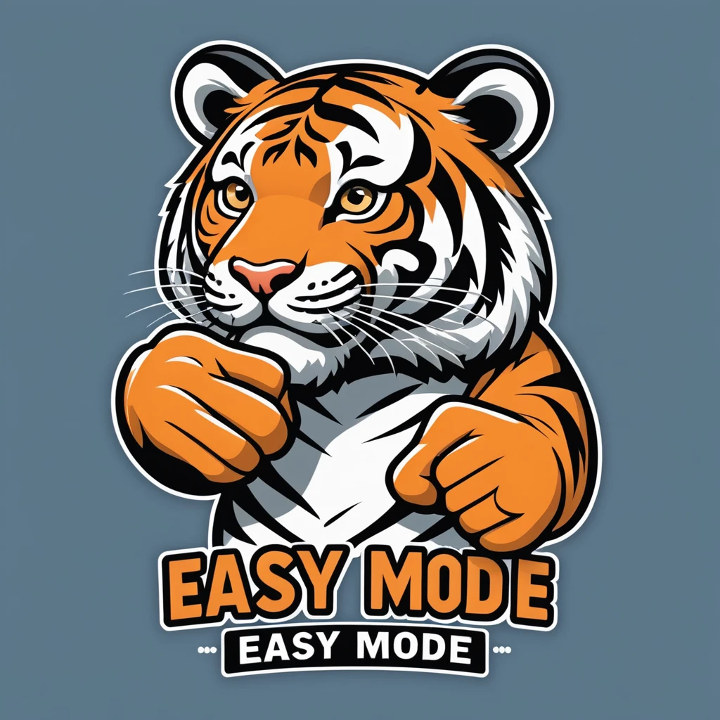 A logo for "EASY MODE" featuring a tiger with his thumb up