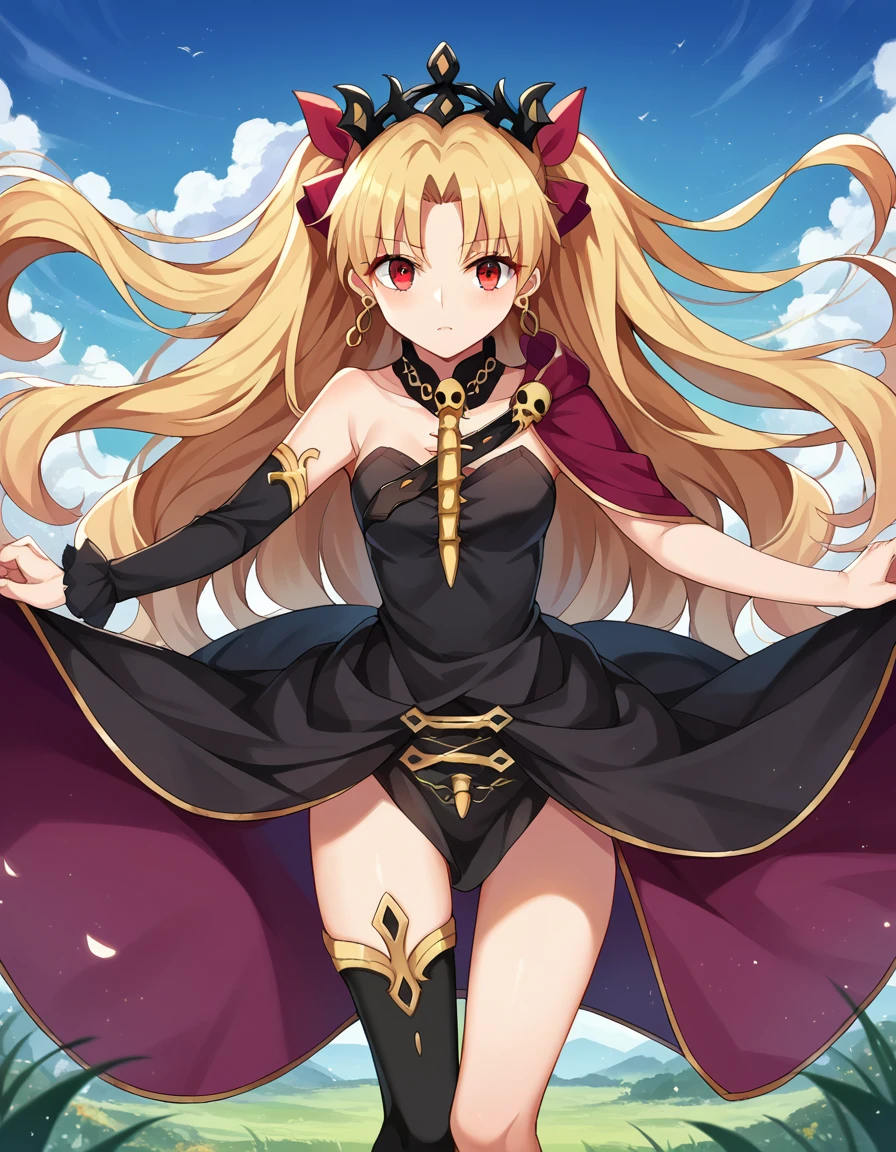 score_9, score_8_up, score_7_up, source_anime,
ereshkigal, <lora:ereshkigal-ponyxl-lora-nochekaiser:1>,
ereshkigal, long hair, blonde hair, very long hair, two side up, tiara, red eyes, ribbon, hair ribbon, red ribbon, parted bangs,
thighhighs, dress, jewelry, earrings, black dress, single thighhigh, asymmetrical legwear, uneven legwear, single sleeve, spine,
outdoors, dessert, oasis,
looking at viewer, cowboy shot, dynamic pose,