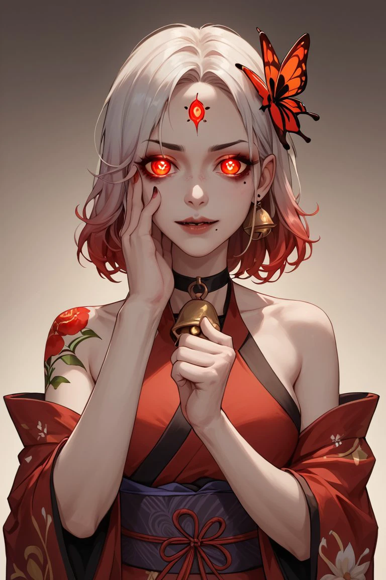 score_9, score_8_up, score_7_up, score_6_up, score_5_up, masterpiece,high quality,1girl,amazing cinematic,sparklehsr,evil,menacing,glowing eyes,yandere,holding face,red gold-trimmed kimono,o-ring halterneck,hair ornaments,well-drawn hands,fingers,bare hand,thumbs,mole under both eyes,red string,flower tattoo,neck bell,butterfly-shaped pupils,brown gradient hair,ominous red lighting,scary,grinning,spider lily flowers, fair hel background