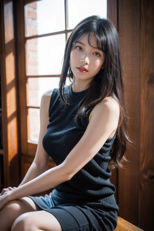 1girl,solo,looking at viewer,skirt,black hair,sitting,sleeveless,black footwear,looking at viewer,long hair,shirt,blue shirt,indoors,brown skirt,bangs,sleeveless shirt,window,
best quality,masterpiece,illustration,an extremely delicate and beautiful,CG,unity,8k wallpaper,Amazing,finely detail,masterpiece,official art,extremely detailed CG unity 8k wallpaper,incredibly absurdres,huge filesize,ultra-detailed,highres,extremely detailed,beautiful detailed girl,realistic,light contrast,<lora:Yokoyama Yui:0.8>,