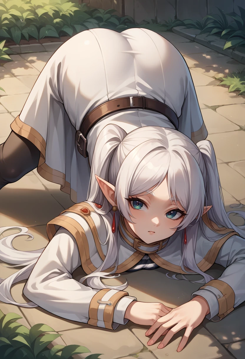 score_9, score_8_up, source_anime, 1girl, solo, FrierenBase, white hair, long hair, twintails, earrings, white capelet, striped shirt, long sleeves, belt, white skirt, black pantyhose, top-down bottom-up, jack-o' challenge, ass, <lora:ChamFrierenPonyXL:1>