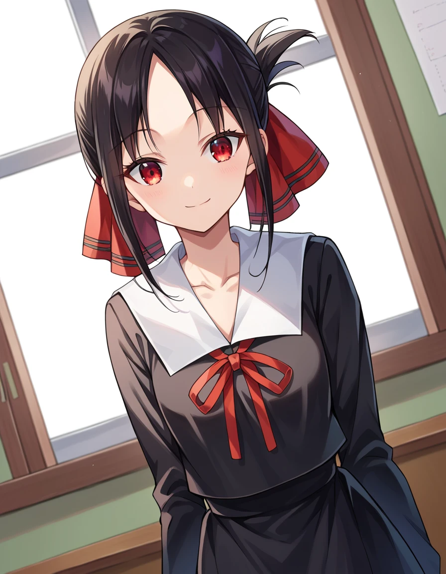 score_9, score_8_up, score_7_up, source_anime,
kaguyashinomiya, <lora:kaguya-shinomiya-ponyxl-lora-nochekaiser:1>,
kaguya shinomiya, short hair, bangs, black hair, red eyes, hair ribbon, sidelocks, folded ponytail, parted bangs, smile,
long sleeves, dress, ribbon, school uniform, collarbone, black dress, sailor collar, white sailor collar, red ribbon, neck ribbon, shuuchiin academy school uniform,
indoors, classroom,
looking at viewer, cowboy shot, dutch angle,