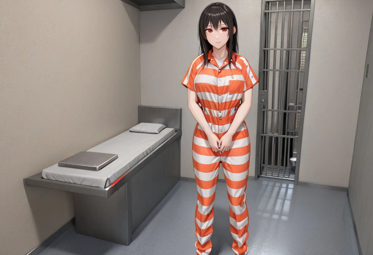 MAXSEC_STYLE_CELL, dark theme, (1girl tifa standing wearing orange_white_striped_jumpsuit), cell_interior_shot, ((cell_door_v2)), cell_desk, steel_toilet, single_bed