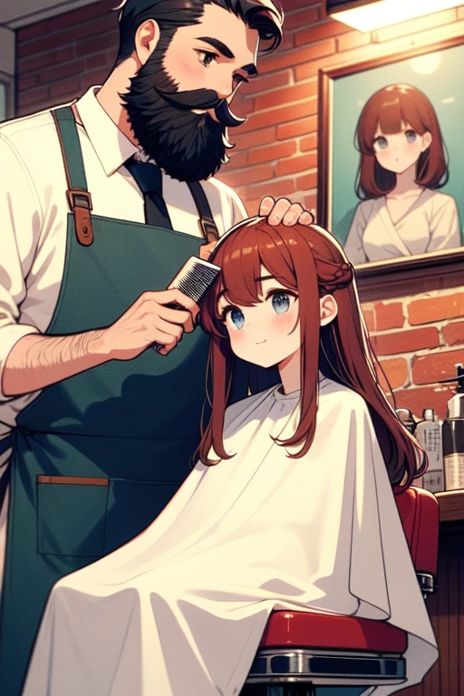 (((masterpiece))), (((best quality))), (((from below))), (((half body))), (((closeup))), ((retro barbershop)), ((two people)), ((a standing man with a beard in apron holds a mini comb to combing)), ((a girl in white cloth sits on swivel stool)), window, mirror, portrait poster, faded red brick wall, auburn hair, longhair, shy, blush, smile, big tits, petite figure, ((night)), <lora:girllikeretrobarbershop:0.9>