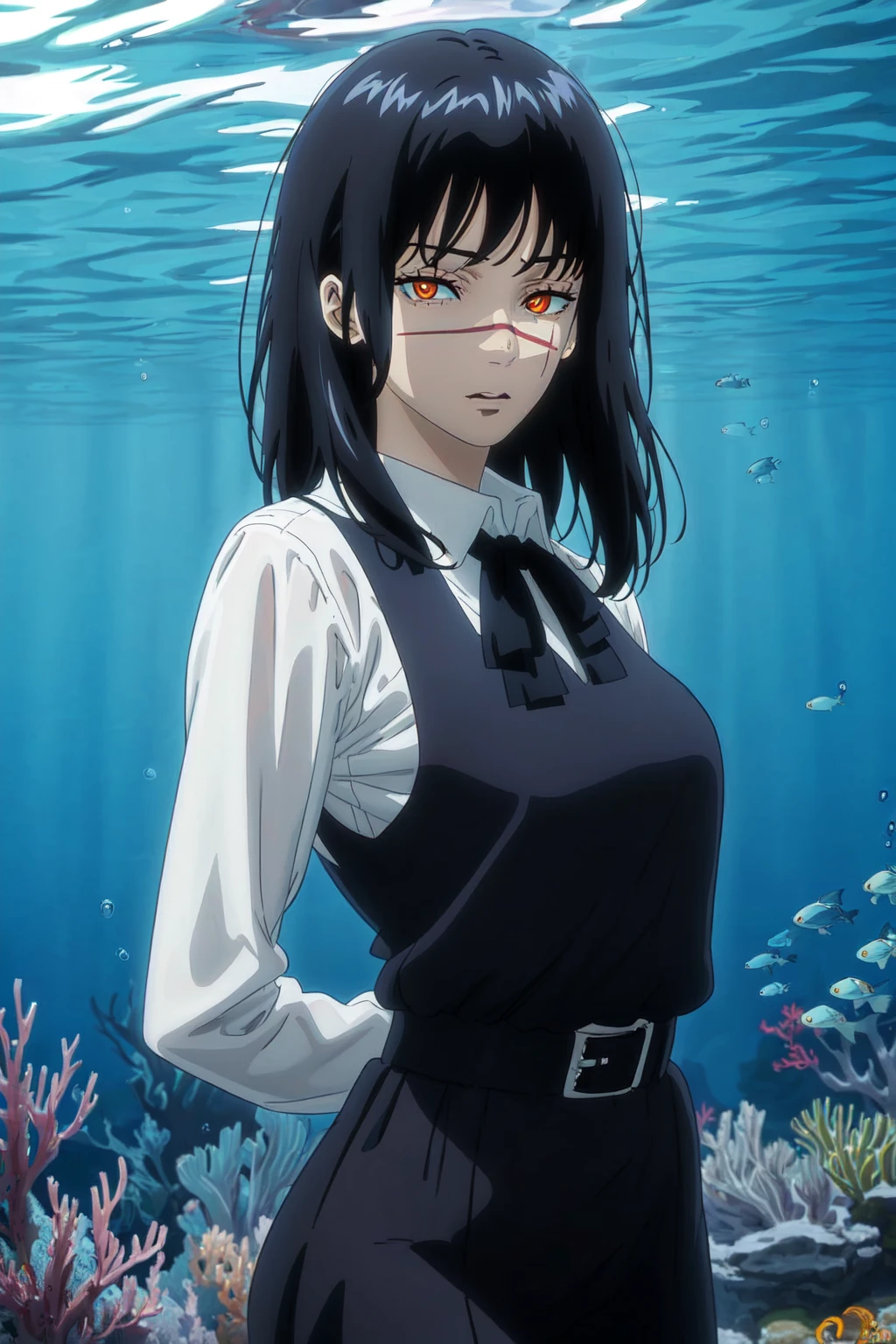 (((masterpiece, best quality, ultra-detailed)), 1girl, aged_up, solo, looking at viewer, yoru, scar on face, (ringed eyes:1.2), anime, manga, black hair, long hair, black ribbon, black pinafore dress, pinafore dress, <lora:AsaYoru_Chainsaw_Man:1>, arms behind back, underwater zoo