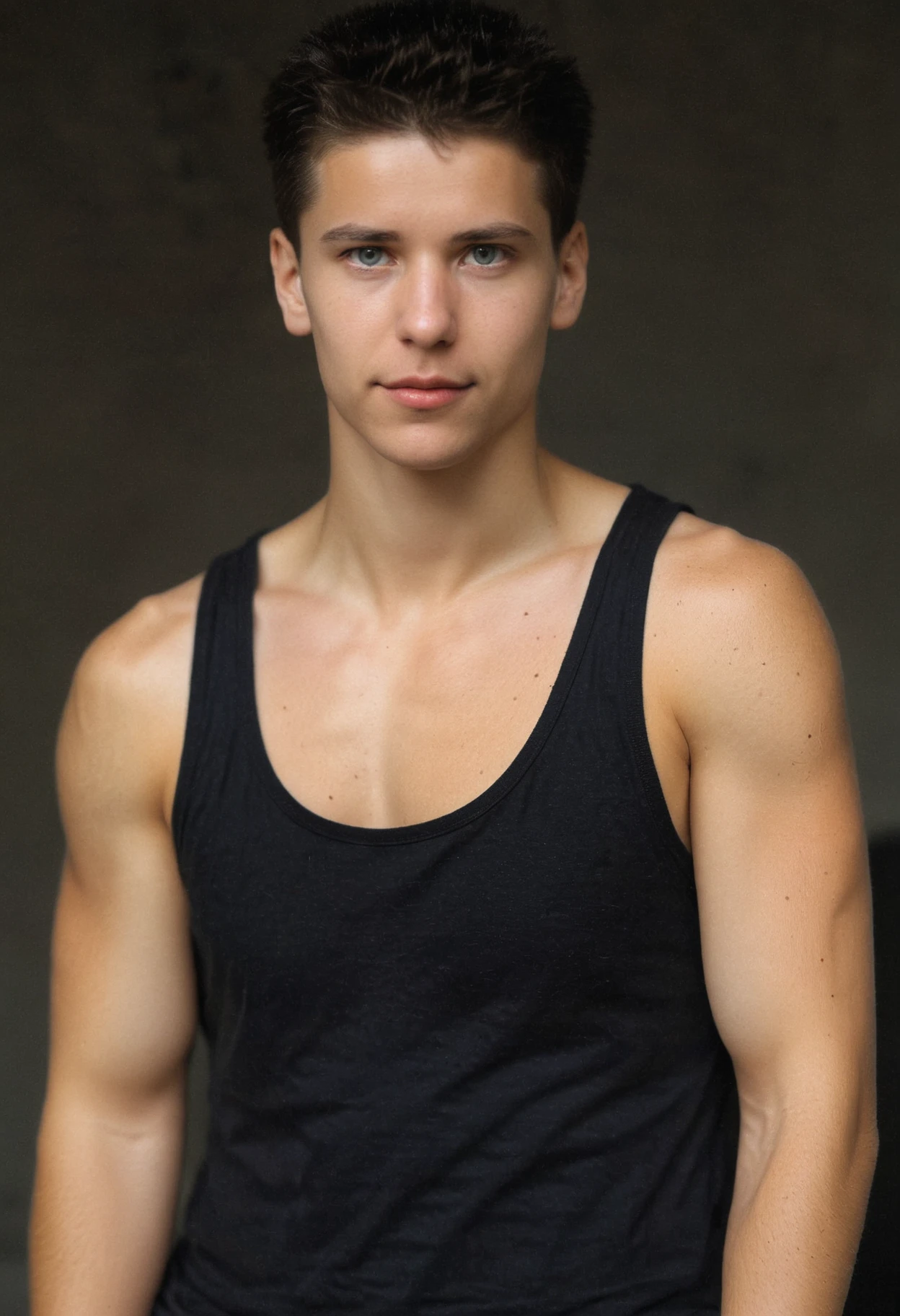close-up photo of lukas <lora:lukas_y_xl-05:1> , wearing a black tank top, blank white background, (smirk:0.5), editorial