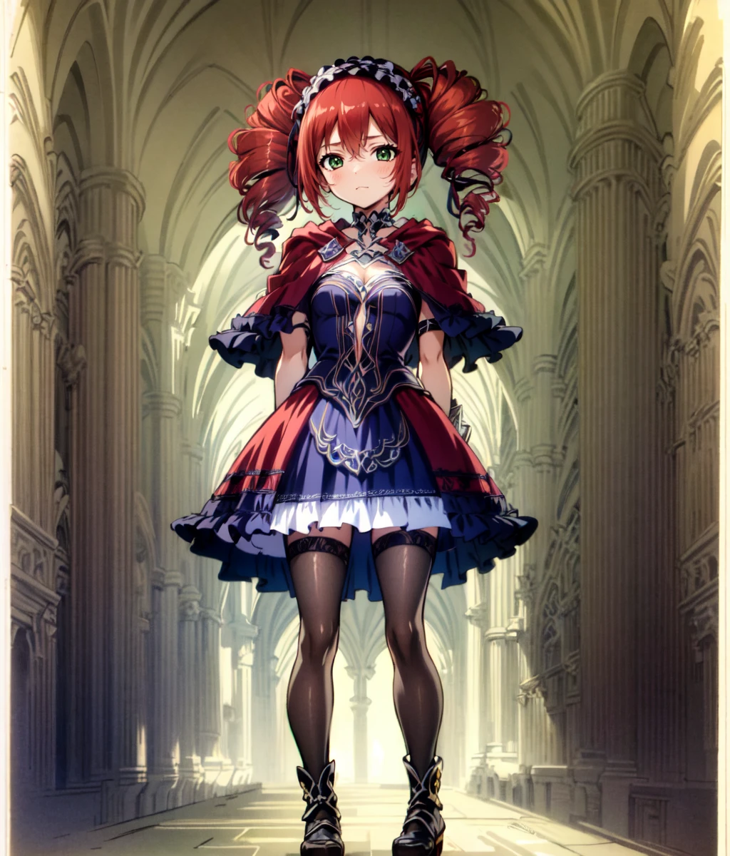 1girl, solo, dress, red hair, green eyes, breasts, indoors, gothic castle, drill hair, red capelet, looking at viewer, capelet, small breasts, wrist cuffs, closed mouth, black dress, twin drills, hairband, frills, standing, frilled dress, hair between eyes, hood, twintails, cleavage, clothing cutout, cross-laced clothes, arms at sides, collarbone, hood down, red dress, hooded capelet, navel, hair ribbon, blush, full body <lora:Amy 1.5:1>, score_9, score_8_up, score_7_up, score_6_up, score_5_up, score_4_up, BREAK source_anime, masterpiece
