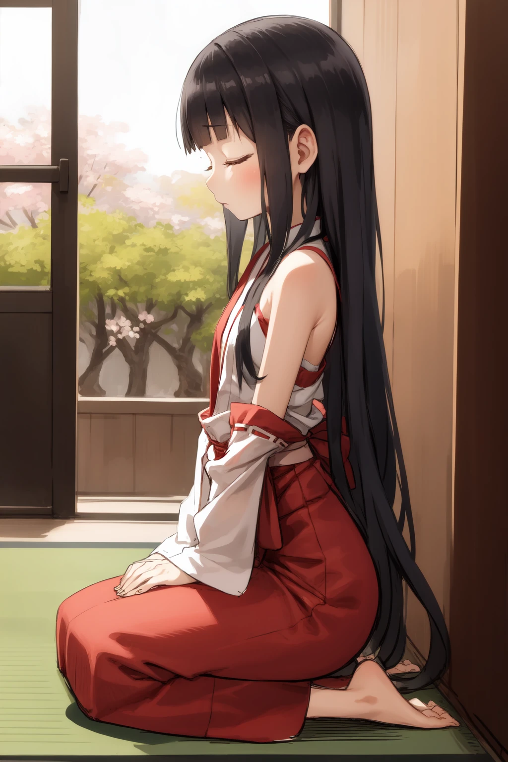 (sketch:1.25),
1girl, blunt bangs, forehead, extremely long hair, shiny black hair, closed eyes, flat chest
BREAK (praying:1.2), miko, red skirt, japanese clothes, tabi
BREAK on floor, (seiza), from side, full body, wide shot
BREAK detailed background, (outside:1.2), shrine, (cherry blossoms:1.1)