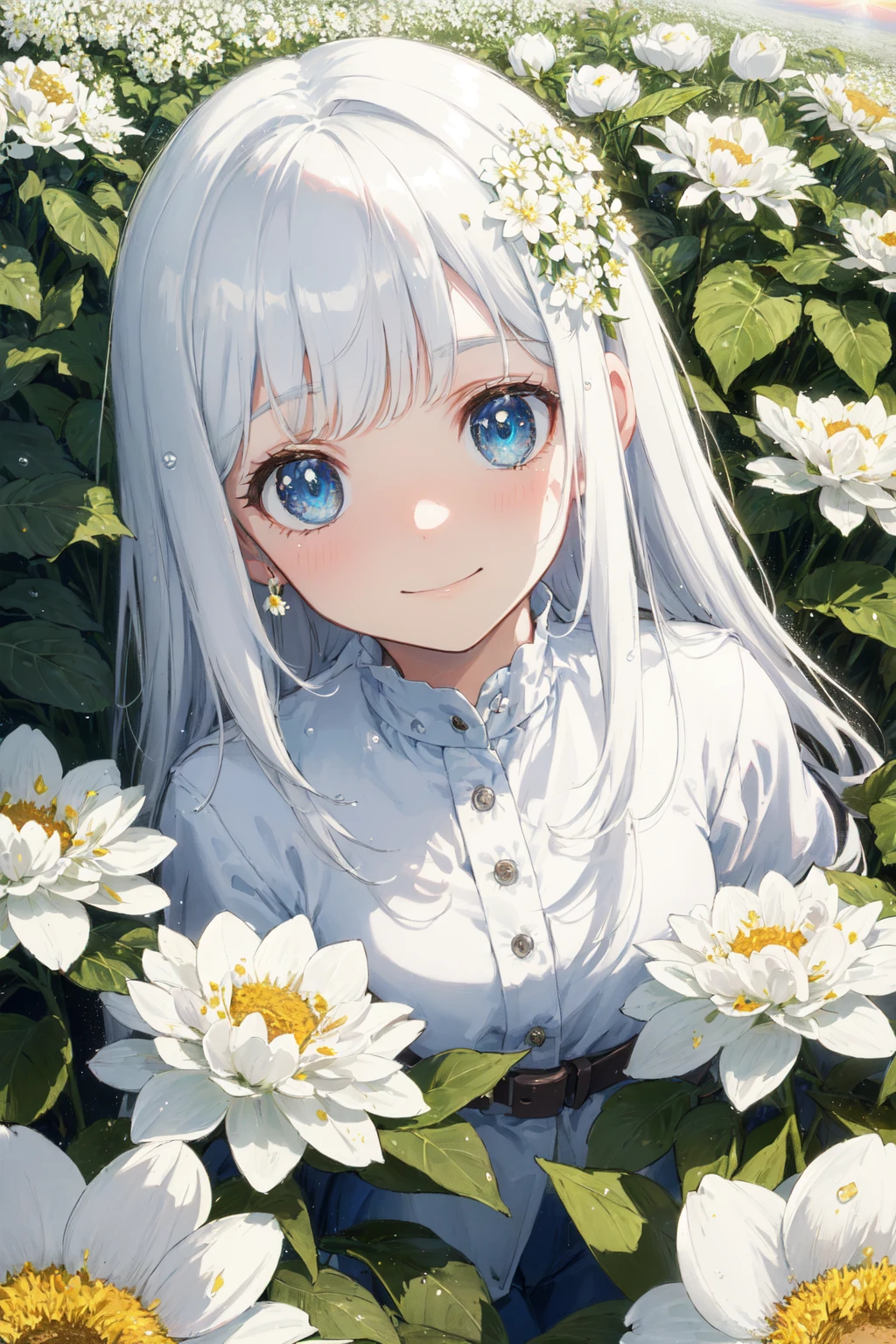 (medium full shot,slightly above:1.5),
(cool weather,dewdrops on leaves and flowers:1.5),moist,smooth texture,
(1 girl,Incredibly beautiful sunrise,gentle smile,dewdrops on hair,perfect colored clear eyes,eyes reflect a beautiful and touching white light:1.4),
(glowing leaves and white flower petals blowing in the wind :1.45),
best detailed, (glowing),high light,illumination,masterpiece, best quality, wide-angle Hyperdetailed, masterpiece, 8k, natural lighting, sunlight, HDR (High Dynamic Range), Maximum Clarity And Sharpness, Multi-Layered Textures,
perfect detail reflective surface, freedom,golden section, (white small flowers:1.4), 
early morning,bright theme, ethereal, dewdrops ,