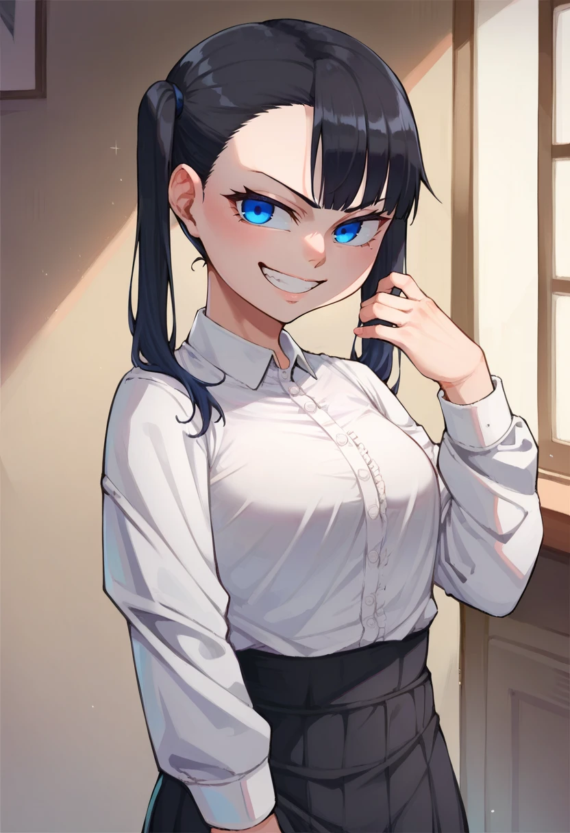 score_9, score_8_up, score_7_up, source_anime, 1girl,blue eyes,twintails, black hair, white blouse, black skirt, grin,looking at viewer, from front, <lora:Ourobot-Style-PonyXL-v2:1>