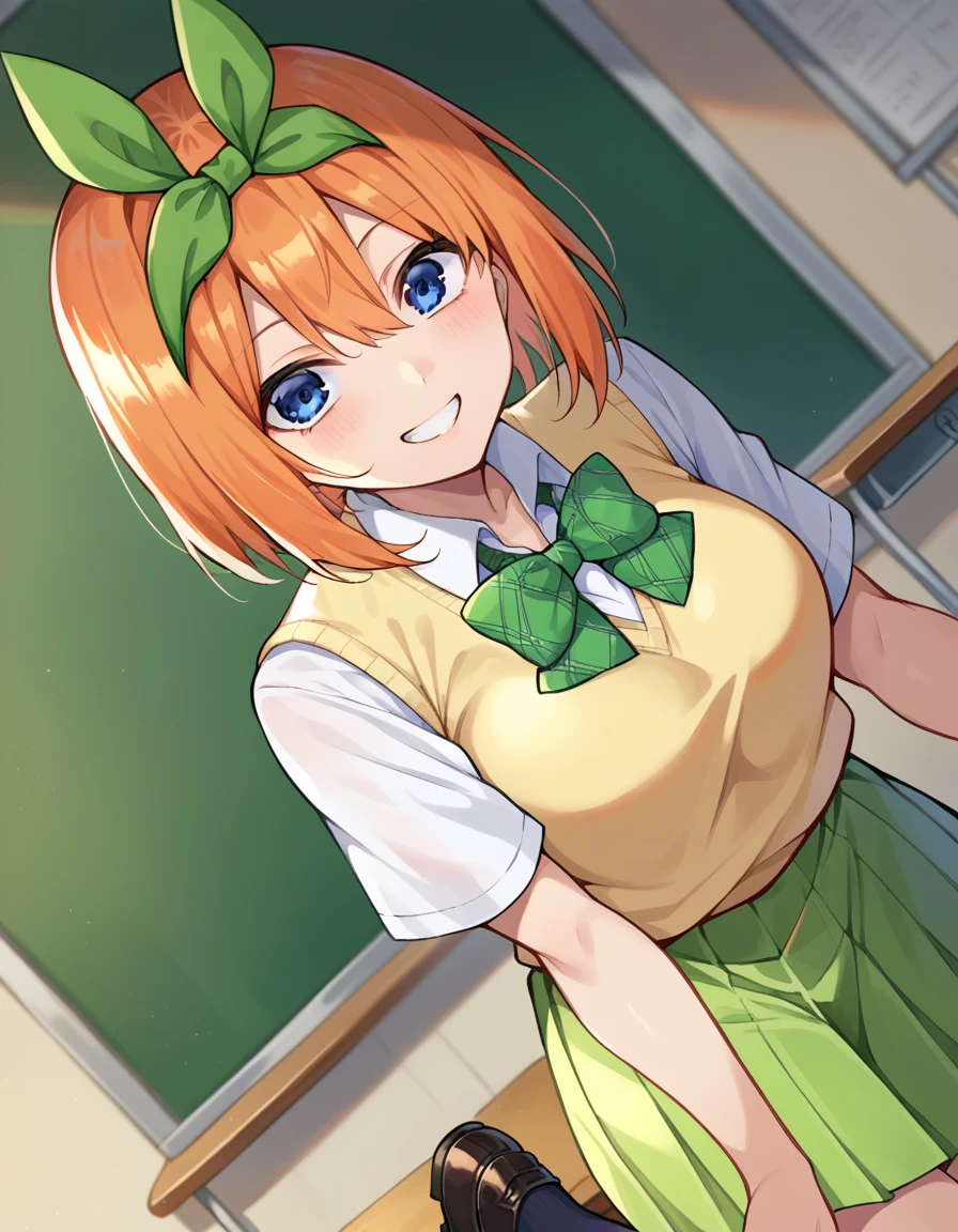 score_9, score_8_up, score_7_up, source_anime,
yotsubanakano, <lora:yotsuba-nakano-pruned-ponyxl-lora-nochekaiser:1>, 
yotsuba nakano, bangs, short hair, blue eyes, hair between eyes, hair ribbon, hairband, orange hair, green ribbon, smile, grin, mature female,
skirt, shirt, bow, ribbon, school uniform, white shirt, short sleeves, pleated skirt, shoes, socks, collared shirt, miniskirt, bowtie, black footwear, kneehighs, green skirt, black socks, loafers, green bow, sweater vest, green ribbon, yellow sweater vest,
indoors, classroom, 
looking at viewer, cowboy shot, dutch angle,
