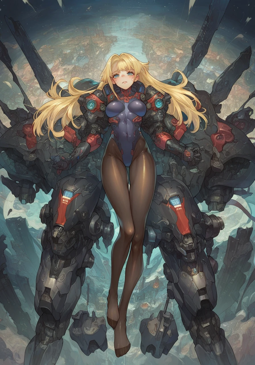 score_9, score_8_up, score_7_up, score_6_up, high quality, masterpiece, 8k, highres, highly detailed,anime,
1girl, no shoes, innocent, pantyhose, blonde hair, long hair, cyberpunk outfit, Tokyo, darkness, mecha