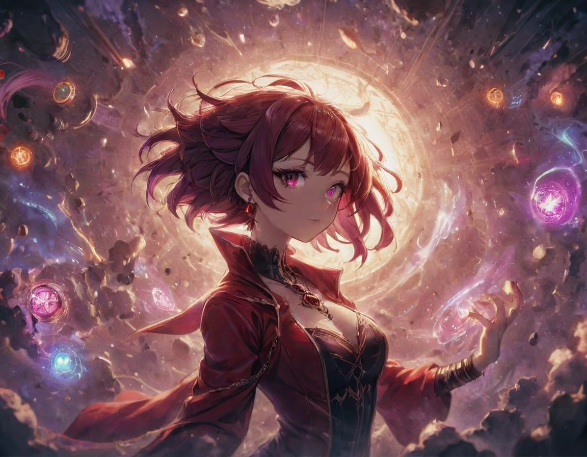 (((masterpiece))) , (((best quality))) , anime style, 2d, well-built charming 1girl, solo, lovely 1girl, ScarletWitch, Color splash, Homely Groovy buxom Music producer (gorgeous 1girl, solo:1.1) , Leaning back, Elder Pirate Nose Ring, at Dusk, FOV 90 degrees, Wonder, cyberdelic, Ethereal Lighting, pinhole lens, Agfacolor, Pixabay, Flickr, artstation, dreamlike, key visual, reflective light, chaos magic, she has Shaved sides hair, key visual,