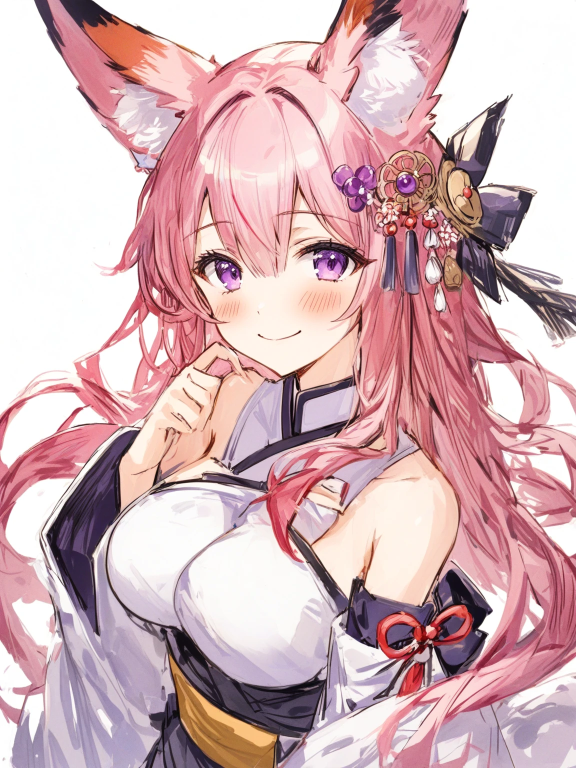 pink hair, 1girl, solo, purple eyes, long hair, breasts, smile, blush, detached sleeves, looking at viewer, hair between eyes, japanese clothes, bangs, white background, bare shoulders, large breasts, animal ears, fox ears, closed mouth, hair ornament, jewelry