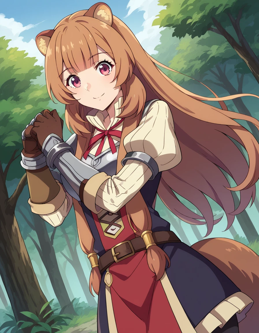 score_9, score_8_up, score_7_up, source_anime,
raphtalia, <lora:raphtalia-ponyxl-lora-nochekaiser:1>,
raphtalia, long hair, bangs, brown hair, animal ears, raccoon ears, raccoon tail, raccoon girl, pink eyes, smile,
long sleeves, sweater, ribbed sweater, puffy sleeves, breastplate, ribbon, red ribbon, gauntlets, glove, brown gloves, belt, skirt, armor,
outdoors, forest, nature,
looking at viewer, cowboy shot, dutch angle, dynamic pose,