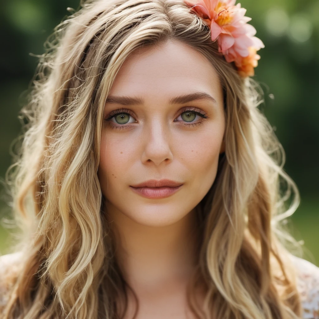 Skin texture, no makeup, Super high res closeup portrait photo of an pretty woman outdoors with long slightly wavy blonde hair, lots of decorative flowers in her hair,f /2.8, Canon, 85mm,cinematic, high quality,looking at the viewer, <lora:eliolsen_v4_xl_4_standard_wo_cap_merger_31_45_86_03_03_04:1>