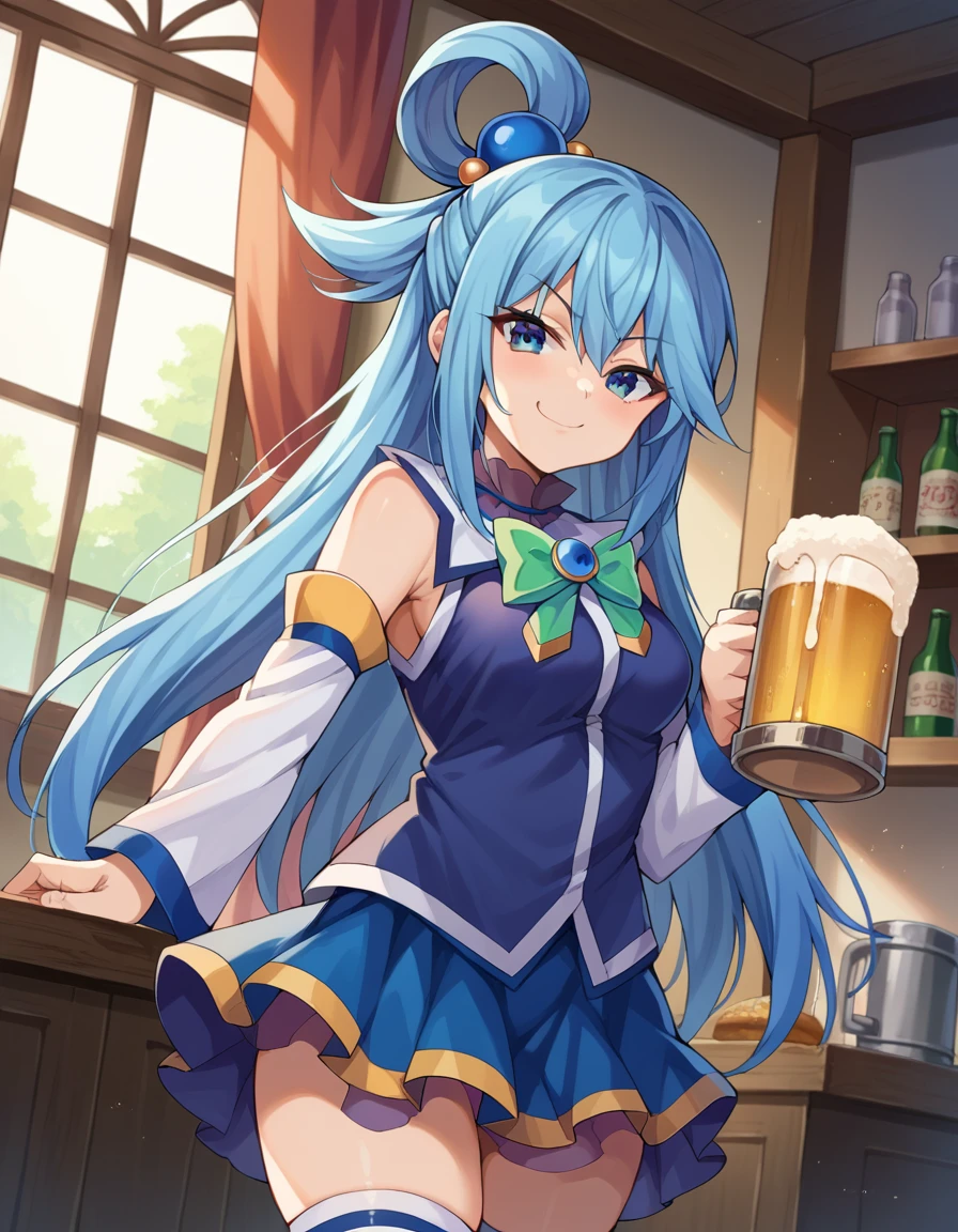 score_9, score_8_up, score_7_up, source_anime,
konosubaaqua, <lora:konosuba-aqua-ponyxl-lora-nochekaiser:1>,
aqua, long hair, blue eyes, hair ornament, very long hair, blue hair, hair rings, single hair ring, hair bobbles, smile, smug,
skirt, shirt, thighhighs, bare shoulders, detached sleeves, white thighhighs, blue skirt, blue shirt, green bow,
indoors, izakaya, food, beer, mug, holding mug, drinking,
looking at viewer, cowboy shot, dutch angle,