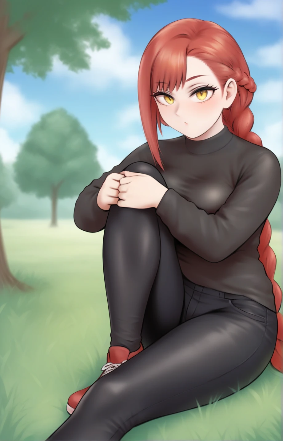 score_9, BREAK source_anime, shpostylev4xl, 1girl, (solo:1.4), (black sweater, black pants), long hair, braid, red hair, yellow eyes, sitting, knee up, on grass, outdoors, tree, sky, clouds, <lora:SameShpoStyleV4XL-10EP:1>