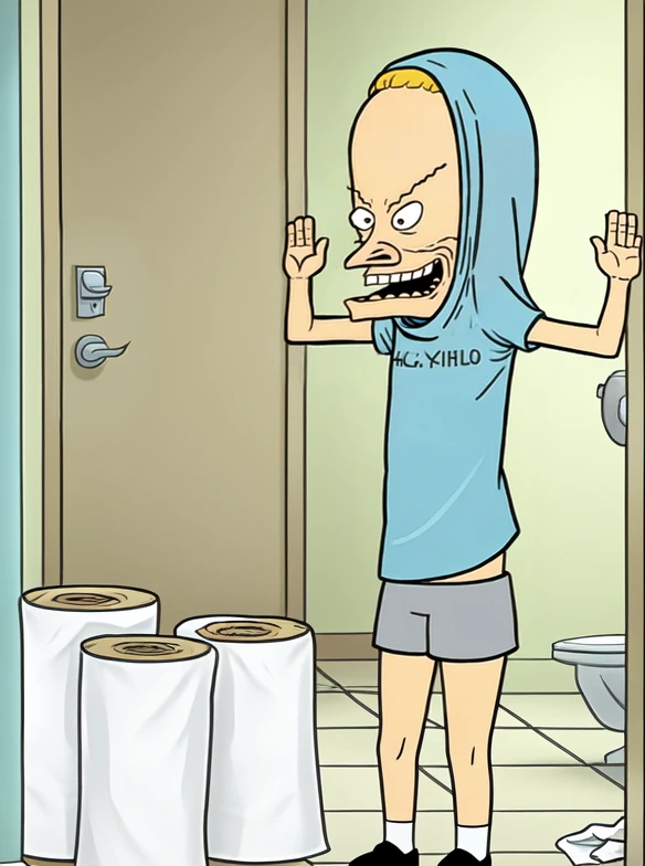 <lora:Beavis_and_Butthead-000013:0.9>, solo, <lora:boldline:0.2>, cornholio, blue shirt over head, dots for eyes, grey shorts, hands raised, smile, angry, flat colours, in a hallway, surrounded by toiletpaper, full body