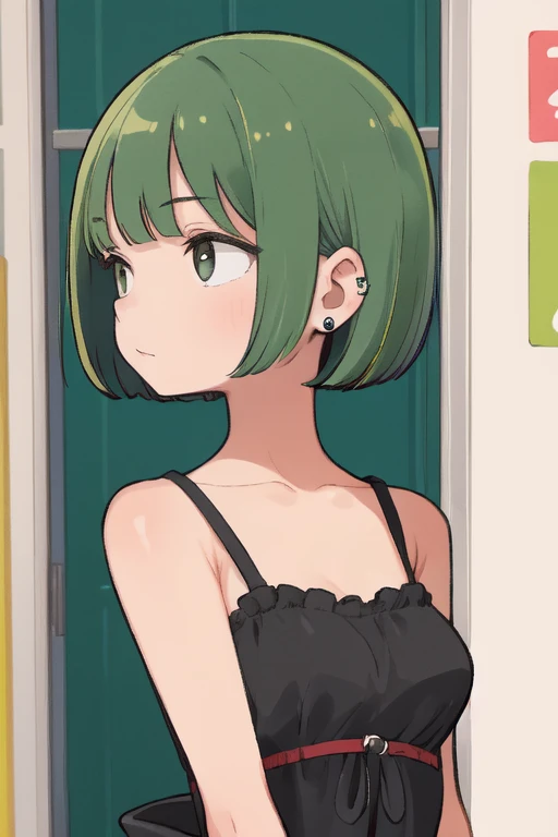 (masterpiece, high quality,:1.4), BREAK,
1girl, solo,
green hair, Textured Quiff with Low Fade, bob cut, gray eyes, tall, black dress, short dress, Ear Stretchers, medium breasts,