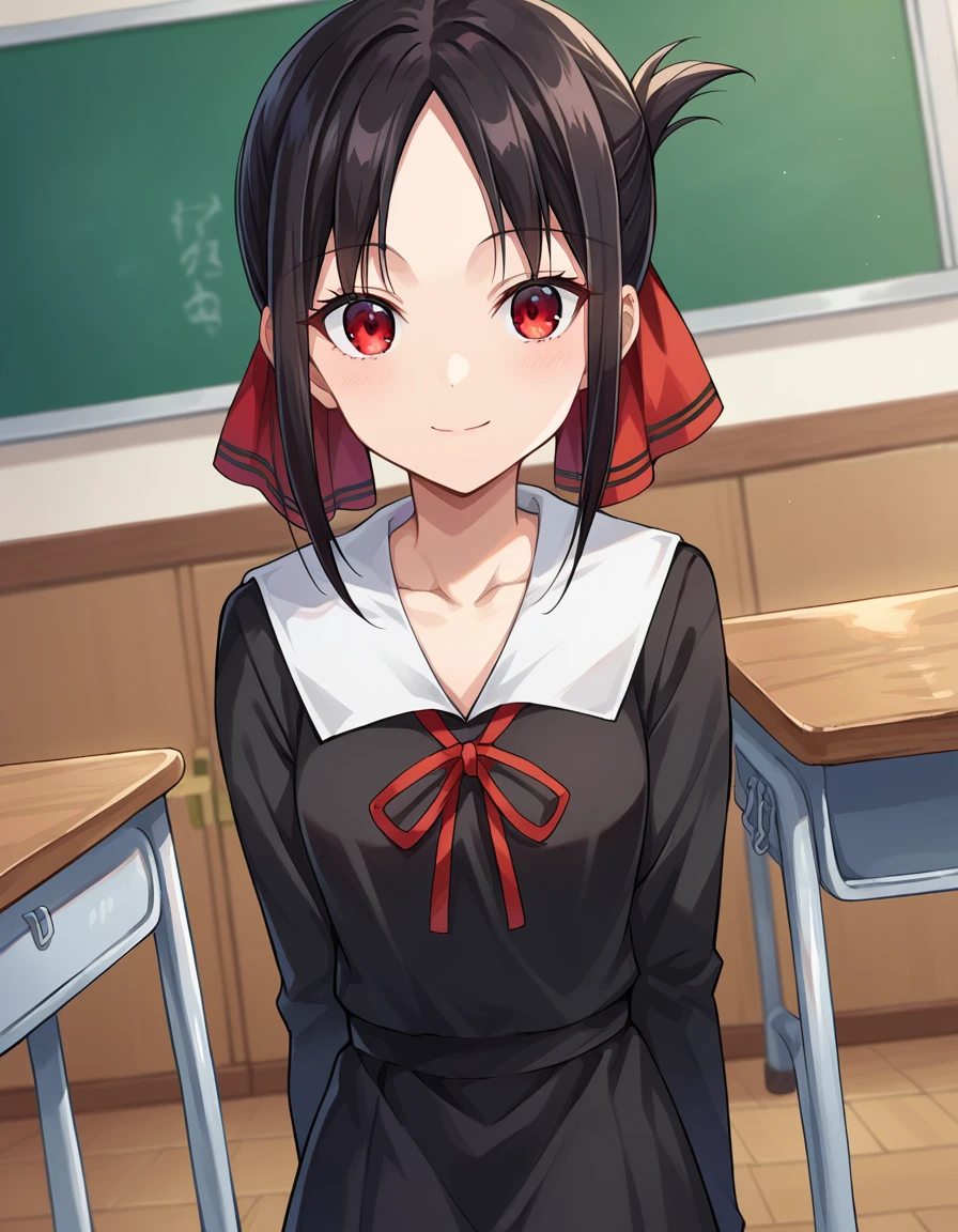 score_9, score_8_up, score_7_up, source_anime,
kaguyashinomiya, <lora:kaguya-shinomiya-ponyxl-lora-nochekaiser:1>,
kaguya shinomiya, short hair, bangs, black hair, red eyes, hair ribbon, sidelocks, folded ponytail, parted bangs, smile,
long sleeves, dress, ribbon, school uniform, collarbone, black dress, sailor collar, white sailor collar, red ribbon, neck ribbon, shuuchiin academy school uniform,
indoors, classroom,
looking at viewer, cowboy shot, dutch angle,