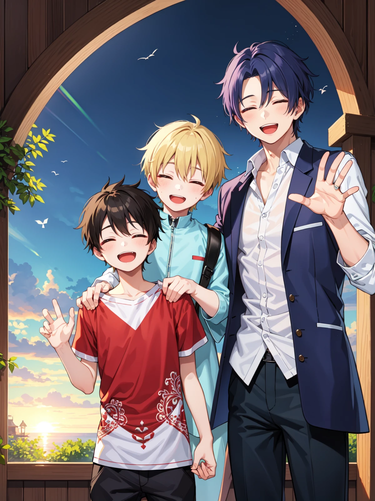 (best quality:1.4), amazing intricate, (2boys, handsum boy:1.4), shoulder to shoulder, happy, smile, closed eyes,