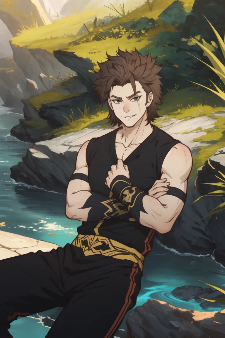 1boy, 20 years old boy, masculine, pale skin, medium brown hair, black eyes, vertical scar on his left eye, resting on a rock, looking at the viewer, smirk, <lora:wenrenyixuan:0.6>