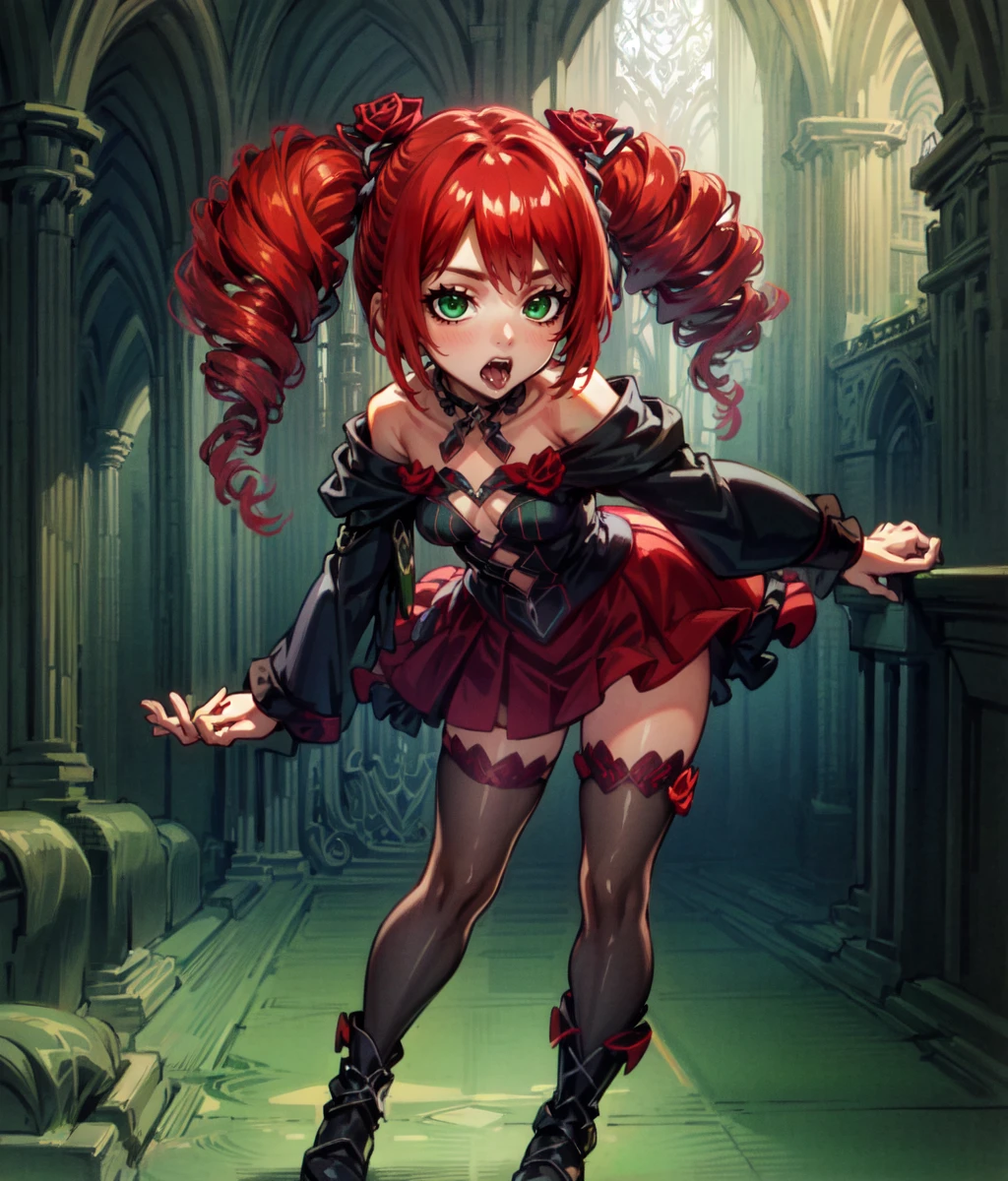 1girl, solo, red hair, twin tails, drill hair, rose hair ornament, chocker, red eyes, green eyes, heterochromia, open mouth, heavy breathing, fangs, vampire, glowing red eyes, saliva, tonge out, reaching towards viewer, close up, indoors, gothic, sad, full body, <lora:Amy 1.5:1>, score_9, score_8_up, score_7_up, score_6_up, score_5_up, score_4_up, BREAK source_anime, masterpiece