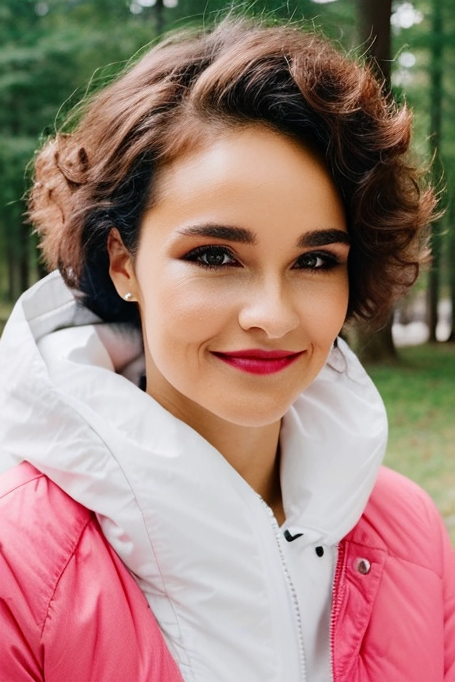 dianefrank, portrait, parted lips, hairband, portrait, coat, snow, photograph, 8k makeup, realistic, grin, 80's hairstyle, afro, <skinhairdetail>