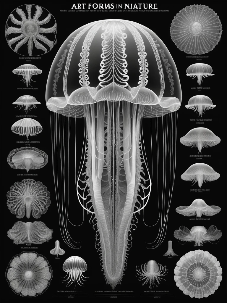 Art Forms in Nature, jellyfish, intricate, detailed, biology, biology diagram, poster, artforms in nature, ernst haeckel, masterpiece, grayscale, art, symmetry, black background <lora:Artforms in Nature - Ernst Haeckel:1>