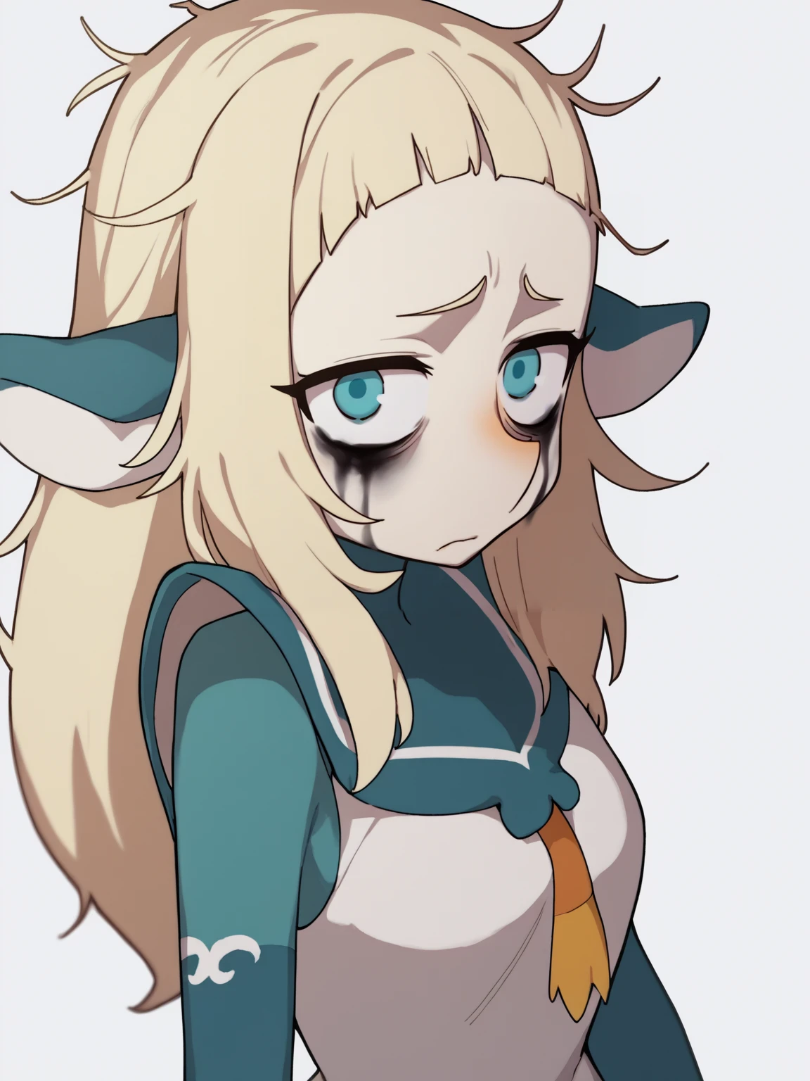 score_9, score_8_up, score_7_up, score_6_up, score_5_up, score_4_up, BREAK, source_cartoon, source_anime,
1girl, bakarajurgen, blonde hair, long hair, blue eyes, bags under eyes, blush, messy hair, runny makeup,
upper body, looking at viewer, solo, simple background, white background  <lora:BakaraJurgenXL:1>