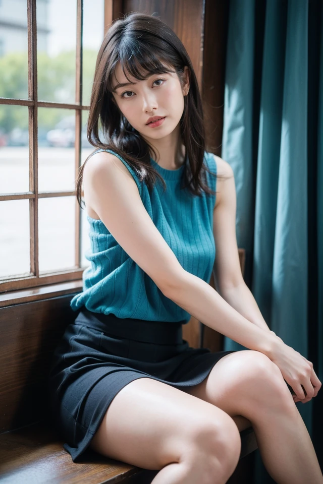 1girl,solo,looking at viewer,skirt,black hair,sitting,sleeveless,black footwear,looking at viewer,long hair,shirt,blue shirt,indoors,brown skirt,bangs,sleeveless shirt,window,
best quality,masterpiece,illustration,an extremely delicate and beautiful,CG,unity,8k wallpaper,Amazing,finely detail,masterpiece,official art,extremely detailed CG unity 8k wallpaper,incredibly absurdres,huge filesize,ultra-detailed,highres,extremely detailed,beautiful detailed girl,realistic,light contrast,<lora:Yokoyama Yui:0.8>,