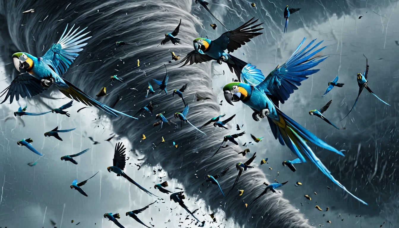 -NadoRay, cinematic, key art, group of Spixs Macaw flying high in a tornado