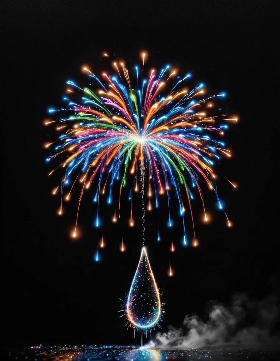 firwqrks trapped inside a falling raindrop in mid-air in front of a black background <lora:ral-firworx:1> ral-fireworx