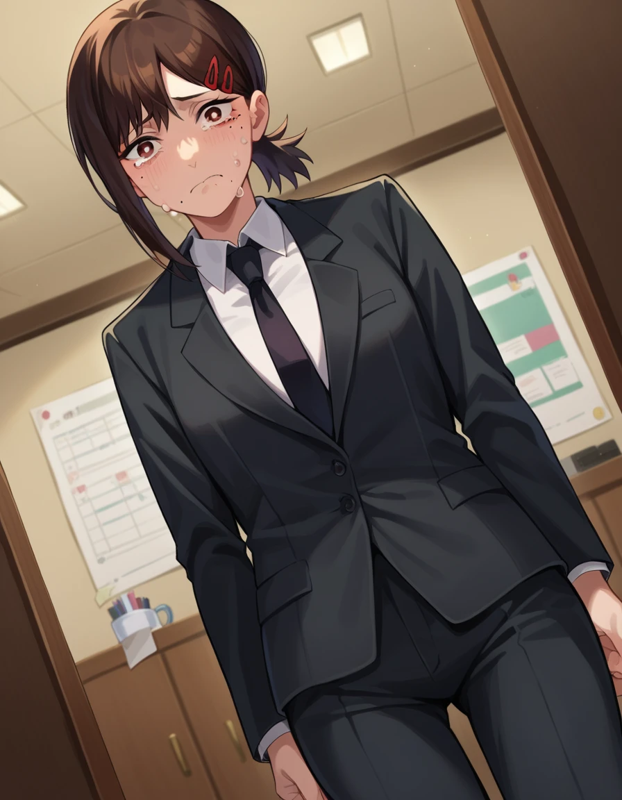 score_9, score_8_up, score_7_up, source_anime,
kobeni-higashiyama, <lora:kobeni-higashiyama-ponyxl-lora-nochekaiser:1>,
kobeni higashiyama, black hair, hair ornament, hairclip, mole, mole under eye, ponytail, short hair, brown eyes, crying, frown,
black necktie, black pants, business suit, formal, long sleeves, necktie, pants, suit,
indoors, office,
looking at viewer, cowboy shot, dutch angle,