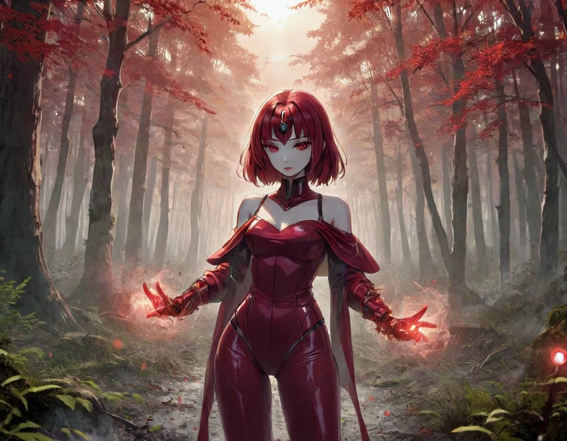(((masterpiece))) , (((best quality))) , anime style, 2d, well-built charming 1girl, solo, lovely 1girl, ScarletWitch, dense forest, 1980'S Attractive voluptuous (attractive 1girl, solo:1.3) , very dark, in Psychadelic Wide-leg pants and off-the-shoulder top, Ruby Red and Ivory hair styled as Balayage, Foggy Robotic Body Parts and Shoulder pads, near Serious South Korea, at Golden hour, Contemporary, Lonely, kinetic art, pinhole lens, fantastic, grim, key visual, reflective light, chaos magic, she has Shaved sides hair, key visual,
