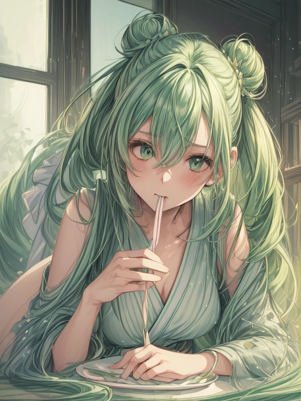 (masterpiece, illustration, best quality:1.33),delicate details,refined rendering,Sharp_focus,vivid_color,(Japan anime style, Toon style, Manga style:1.21),1girl,27-years-old female,slim female,solo,portrait,<lora:add_detail:1>,((([Accent lighting|Bounce lighting|front lighting|Light box lighting]))),(Yandere,Eating:1.236),((Pastel green Hair,absurdly long hair,hair bun,hair over one eye)),