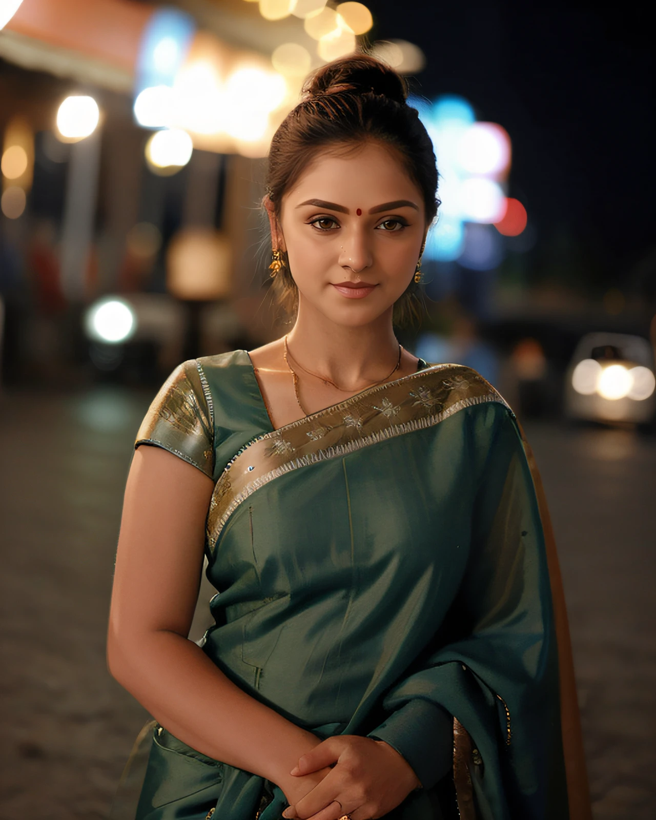 a photo of a 30-year-old woman, smrn, professional portrait photo,high neck Dhoti Saree, high ponytail,  solo, night time, city bokeh lights   <lora:smrn_Simran_Bagga_SD15_LoRA_prodigy_local_regs:1>