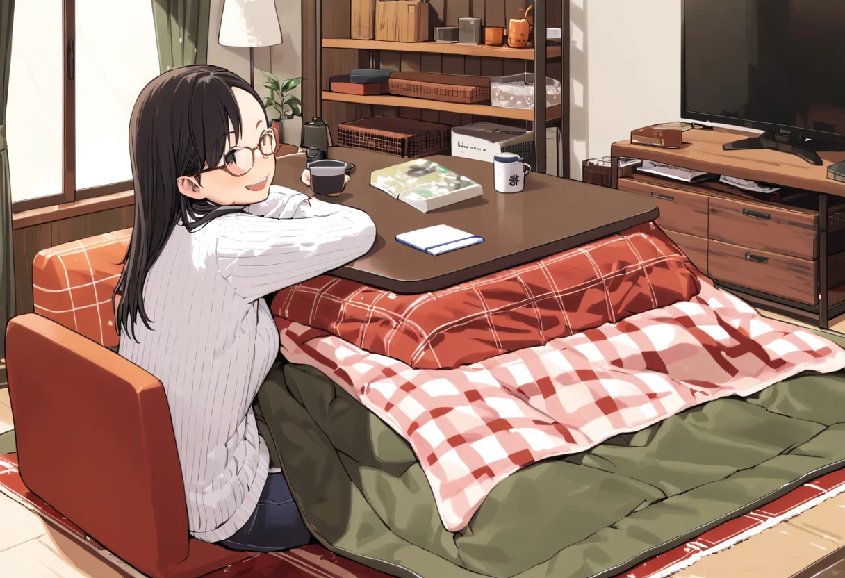 best quality, ultra-detailed, illustration, 
1girl, solo, glasses, black hair, long hair, white ribbed sweater, happy, smile, looking at viewer, open mouth, solo focus, sitting, across table, 
kotatsu, plant, book, scenery, wooden floor, cup, potted plant, indoors, chair, window, curtains, television, orange (fruit), lamp, cup
 <lora:col_xl:0.8> <lora:kotatsu_SDXL_V1:1>