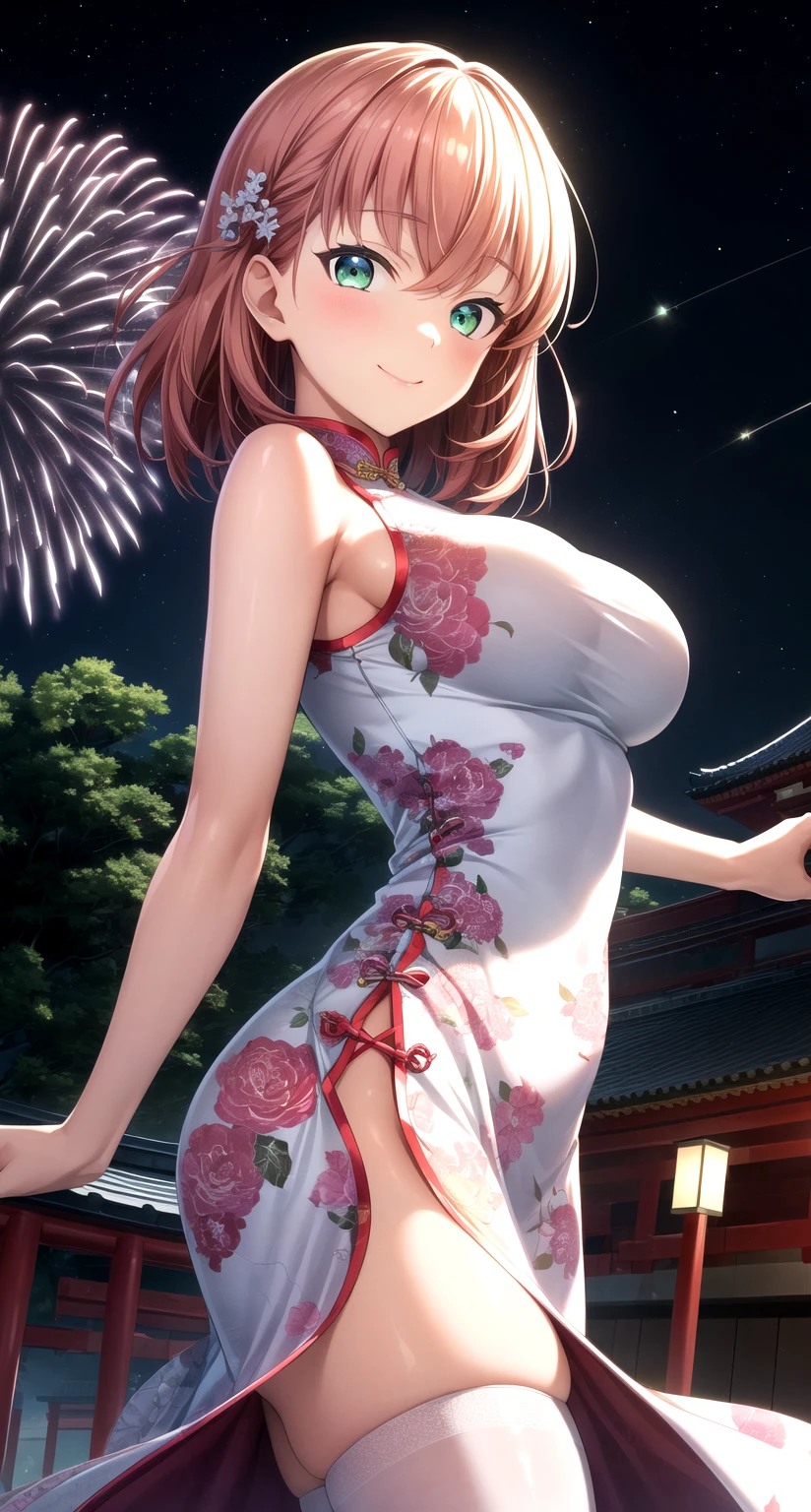 (masterpiece, best quality, ultra-detailed), (illustration), (beautiful detailed eyes), (1girl), (solo), (extremely detailed face), (beautiful detailed hair), (large breasts), hinoshita kaho, green eyes, pink hair, medium hair, white dress, white chinese dress, chinese dress, printed chinese dress, white thighhighs ,light smile, closed mouth, 8k, outdoors, japan festival, nighttime, fireworks in sky, (looking at viewer:1.4), contraposto, standing<lora:EMS-93-EMS:0.500000>, <lora:EMS-228359-EMS:0.500000>, <lora:EMS-79-EMS:0.450000>