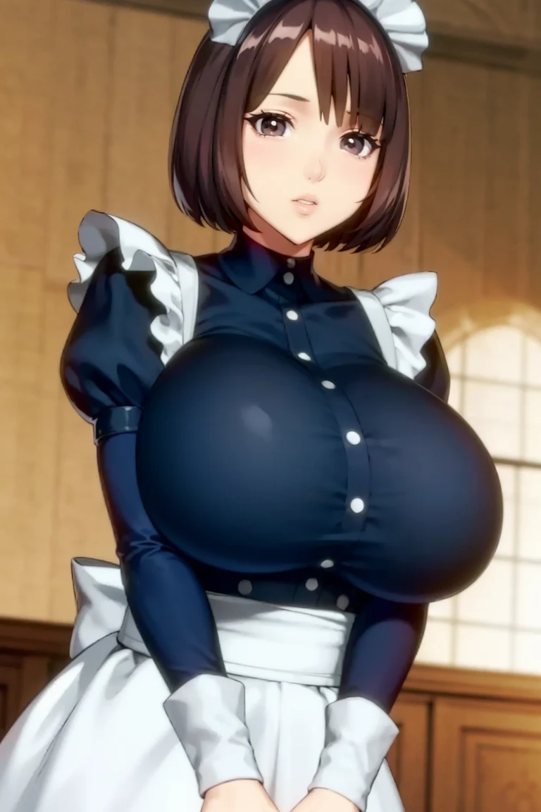 (masterpiece, best quality), 1girl, solo, looking at viewer,
__IsshikiAiPose__,
<lora:Isshiki_Ai-v2:0.8>, short hair, bob cut, bangs, (asymmetrical bangs), brown hair, (black hair:0.6), (brown eyes), lips, huge breasts,
maid, maid headdress, long sleeves, frills, apron, buttons,
__location__,
__IsshikiAiFace__