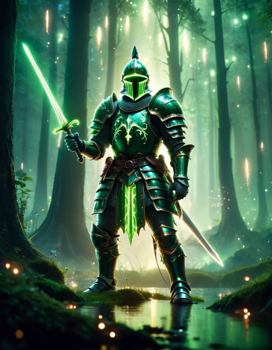 Cinematic shot of a knight wearing a green armor, holding green glowing sword by the handle, sword pointing down, fairy forest with mushrooms in background, reflective light, HKStyle, HD, masterpiece, best quality, hyper detailed, ultra detailed, super realistic <lora:ral-firworx:1> ral-fireworx