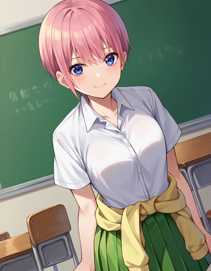 (Highest quality, 4K, 8k, High resolution, masterpiece:1.2), Very detailed, Picturesque, Anime-style photos, Photo Animation:1.37)、Japanese、(Pink Hair)、(Pixie Cut)、classroom、standing、uniform、(White shirt)、(Yellow-green checkered skirt)、skirt lift、Smug、gotoubunnohanayome、sweat、drooling、bottomless、vapor、Black choker、pussy juice、Full body photography、Nakano Ichika