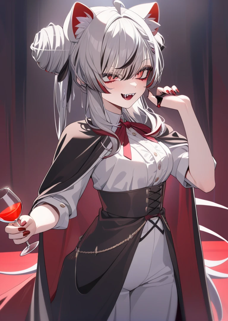 1girl,Vampires,Cape,Glass in hand,Canine teeth,white hair,newest,medium quality,general,masterpiece, <lora:manuka_v0.1_6:1>