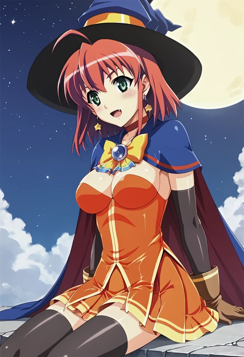 score_9, score_8_up, score_7_up, BREAK source_anime, rating_explicit, best quality, masterpiece, uncensored, 1girl, <lora:alice_magihallo:0.9> alice, 1girl, jewelry, hat, earrings, witch hat, star earrings, fang, choker, cape, orange skirt, orange dress, breasts, elbow gloves, bow, black thighhighs, night, moonlight, (zettai ryouiki:1.1), sitting